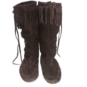 Vintage Dark Brown Knee-hi Fringe Moccasins Men 11